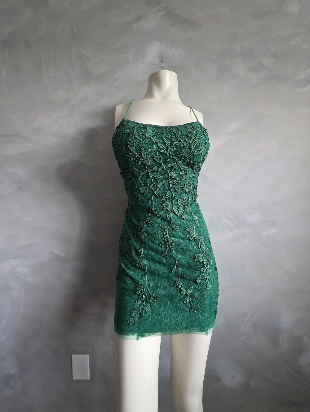 Azazie Rosalythienne Dark Green Lace Rhinestones Open Back Mini Dress Sz 4